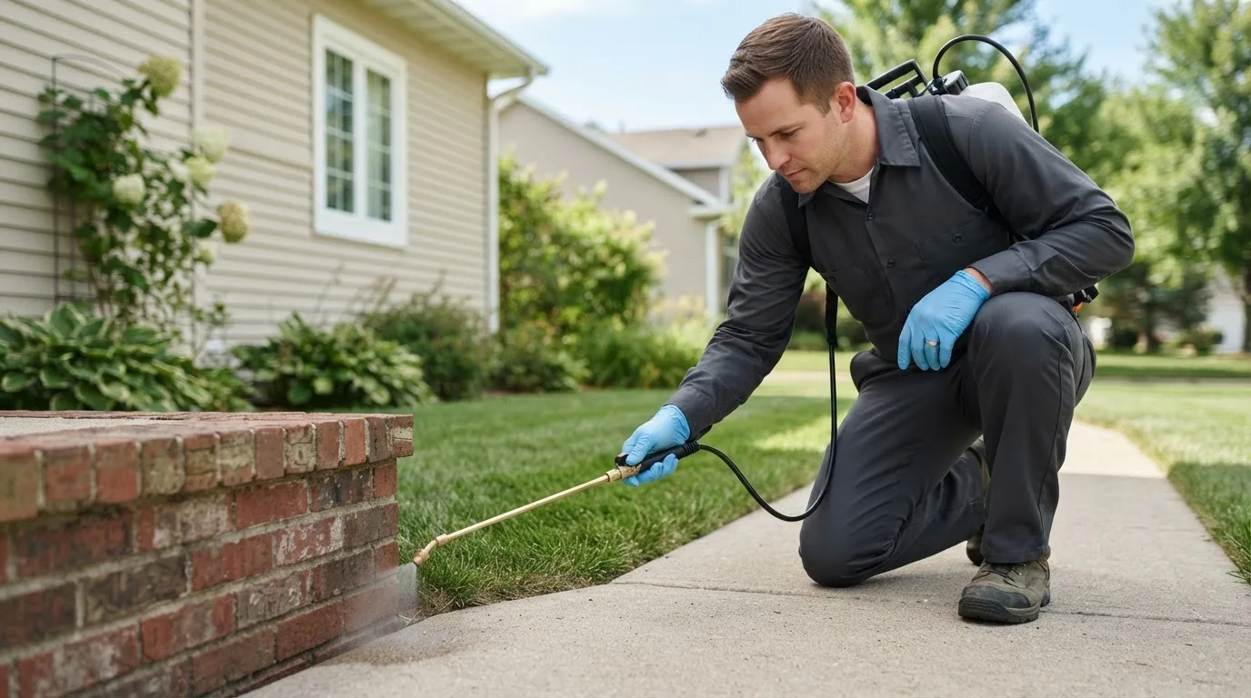Pest control technician treating a home near Farwell, MI