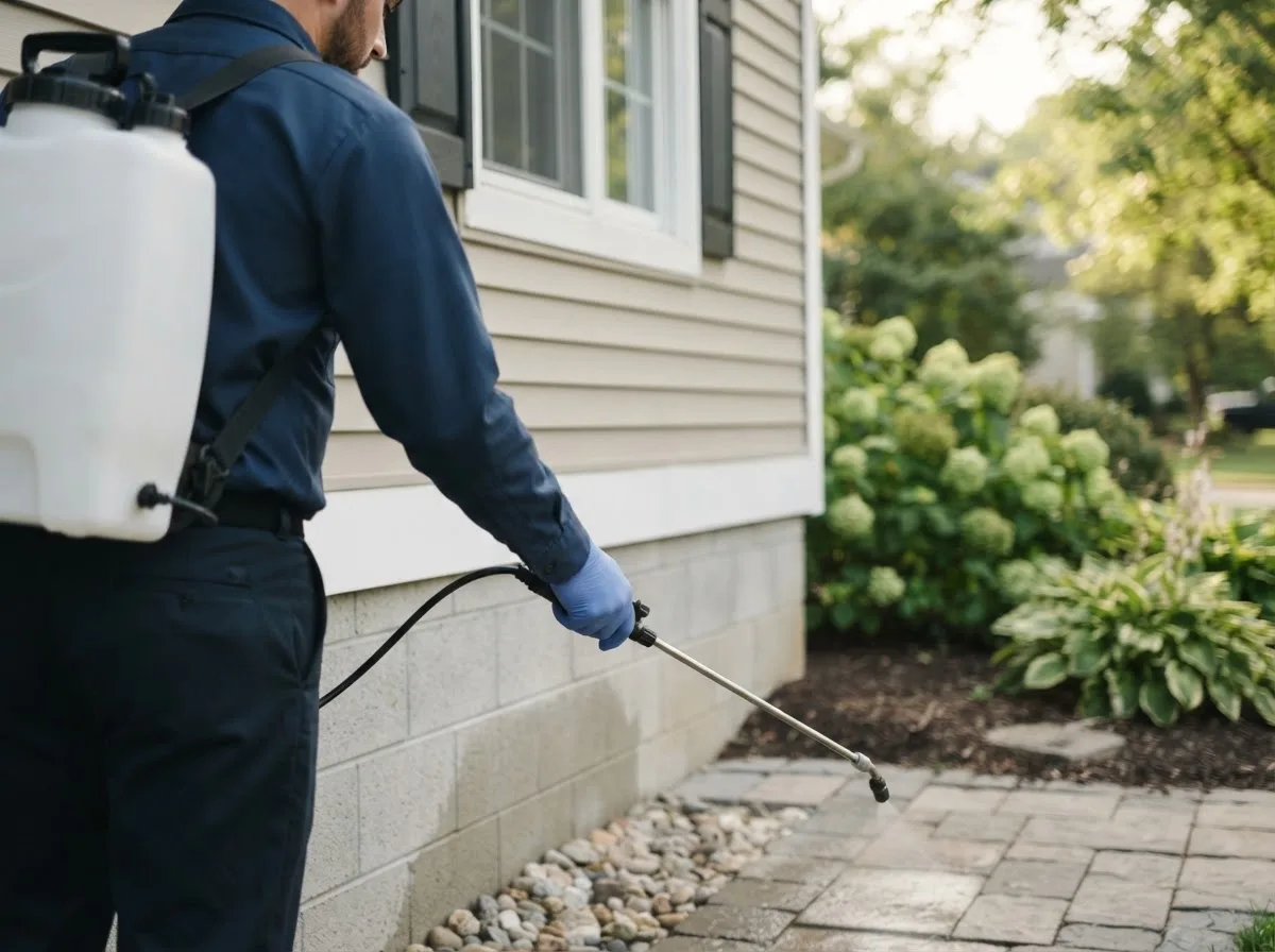 Pest control technician inspecting a home in Farwell, MI